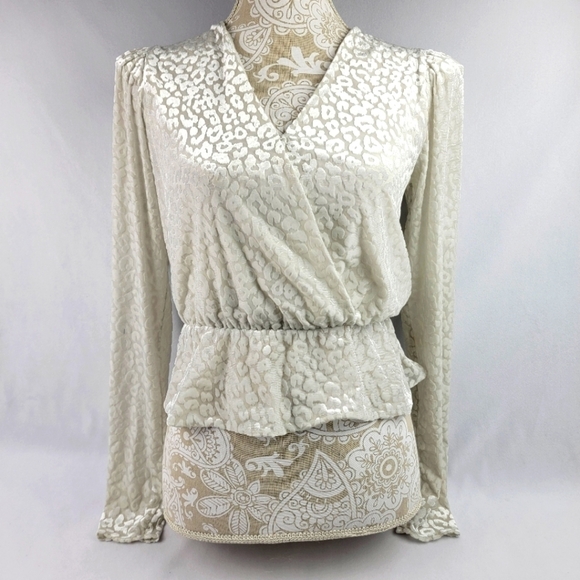 Express winter white velvet snow lepord faux wrap puff shoulder peblum top - Picture 1 of 8